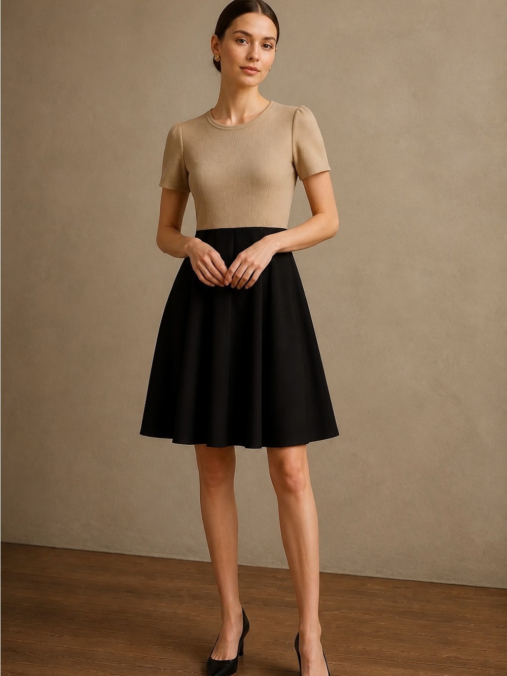LuLaRoe Two-Tone Skater Dress in Beige and Black